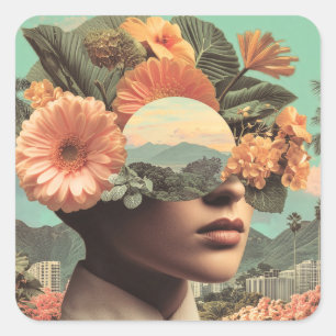 Surrealistisches weibliches Porträt mit floralen E Quadratischer Aufkleber