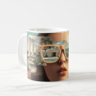 Surrealistisches weibliches Porträt mit Retro-Sonn Kaffeetasse