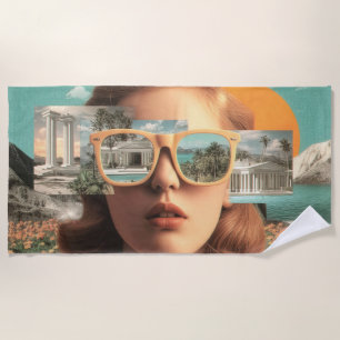 Surrealistisches weibliches Porträt mit retro Sonn Strandtuch