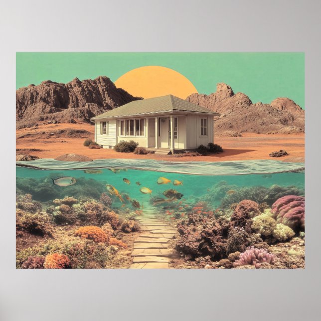 Surrealistisches Wüstenhaus mit Unterwasser-Riff Poster (Vorne)