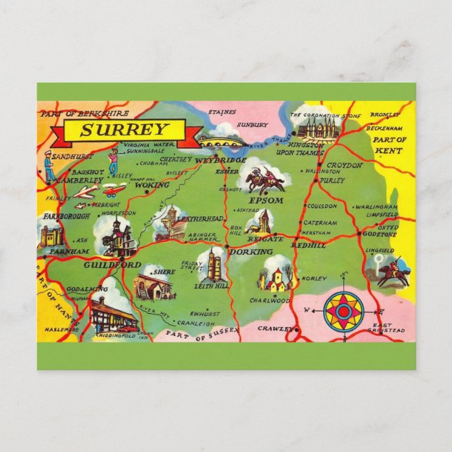 Surrey England Karte Postkarte (Vorderseite)
