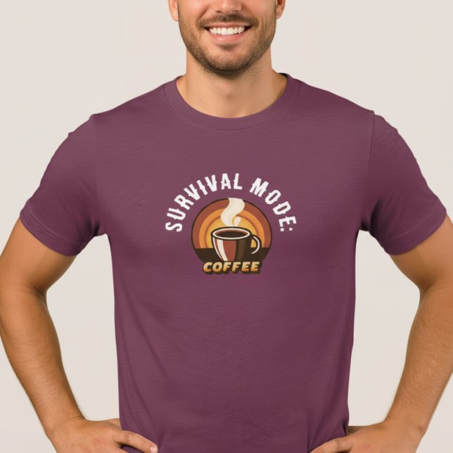 Survival Mode Coffee • Funny Coffee Lover Design Tri-Blend Shirt (man wearing maroon Survival Mode Coffee t-shirt with retro design on beige background)