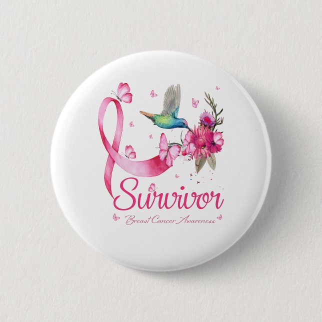 Survivor Hummingbird Ribbon Brustkrebs Button (Vorderseite)