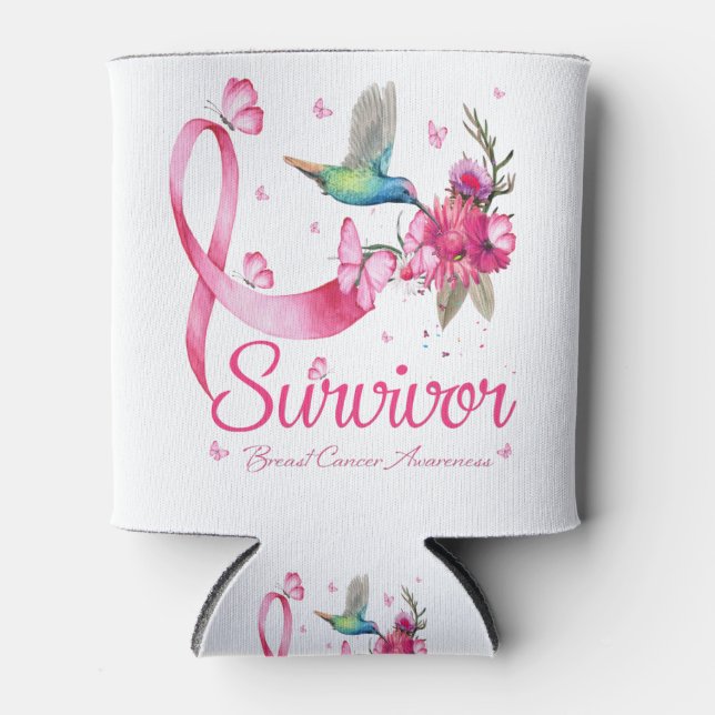 Survivor Hummingbird Ribbon Brustkrebs Dosenkühler (Vorderseite)