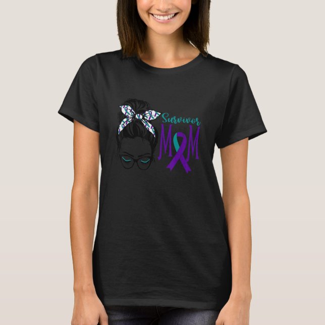 Survivor Mama Suicide Awareness Messy Bun Aquamari T-Shirt (Vorderseite)