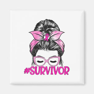 Survivor Messy Bun Pink Ribbon Breast Cancer Aware Magnet