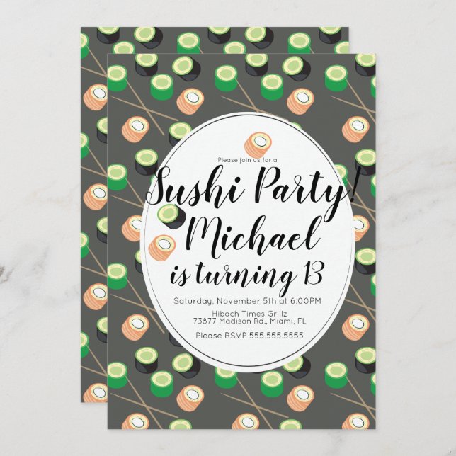 Sush Rolls Gray Birthday Hibachi Restaurant Einladung (Vorne/Hinten)