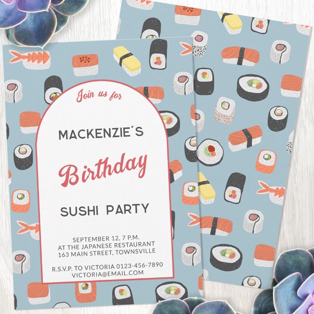 Sushi Birthday Party Einladung (Fun Japanese sushi food art themed birthday party invitation with personalized custom text)