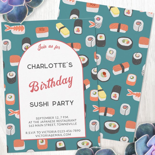 Sushi Birthday Party Einladung (Japanese sushi themed personalized birthday party invitation with custom text)