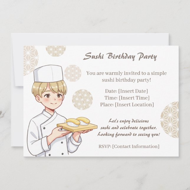 Sushi Birthday Party Invitation with Cute Anime  Einladung (Vorderseite)