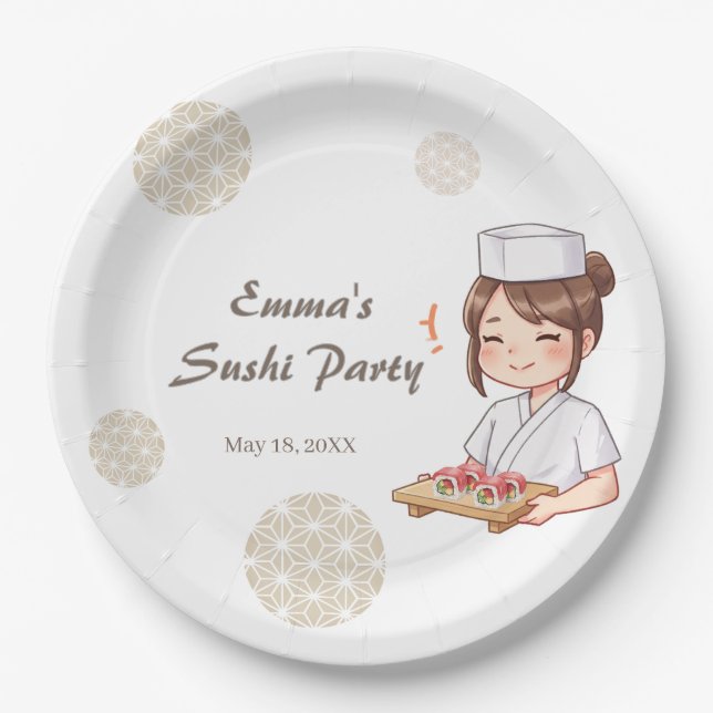 Sushi Birthday Party Invitation with Cute Anime  Pappteller (Vorderseite)