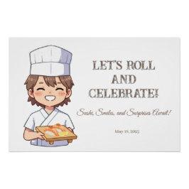 Sushi Birthday Party Invitation with Cute Anime  Poster