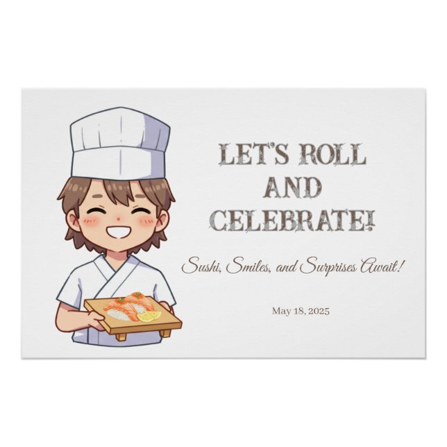 Sushi Birthday Party Invitation with Cute Anime  Poster (Vorderseite)