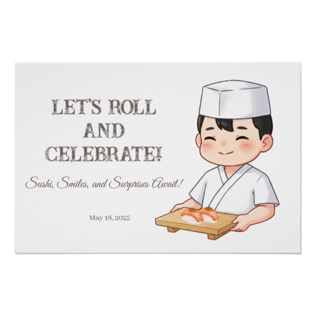 Sushi Birthday Party Invitation with Cute Anime  Poster (Vorderseite)
