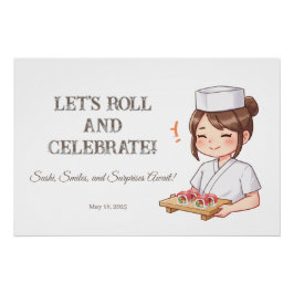 Sushi Birthday Party Invitation with Cute Anime  Poster