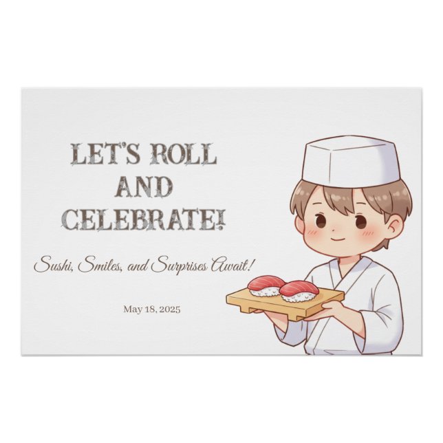 Sushi Birthday Party Invitation with Cute Anime  Poster (Vorderseite)