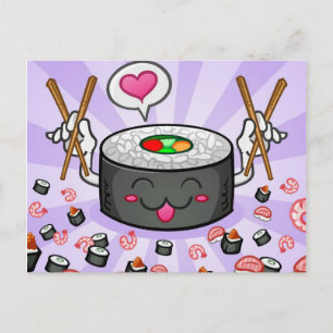 Sushi Cartoon Character Eating Lot of Shrimp Postkarte