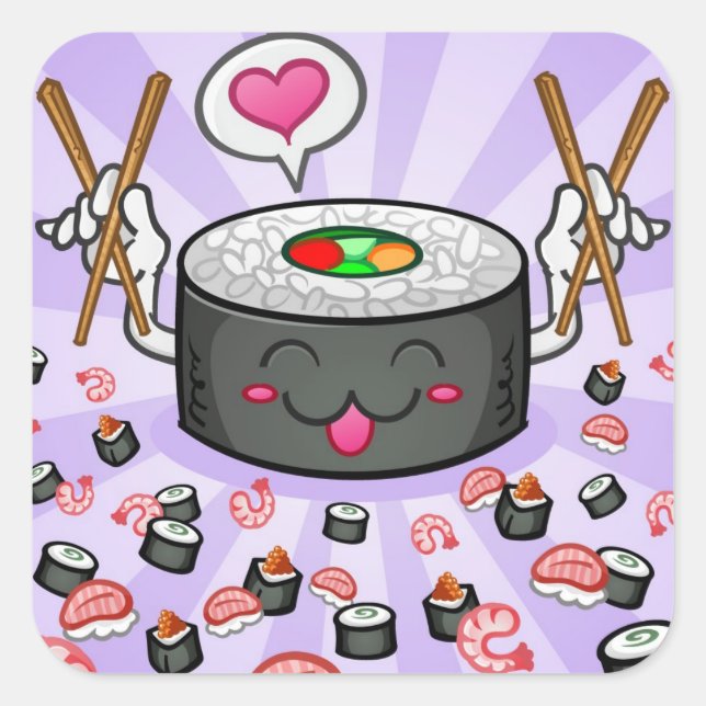 Sushi Cartoon Character Eating Lot of Shrimp Quadratischer Aufkleber (Vorderseite)