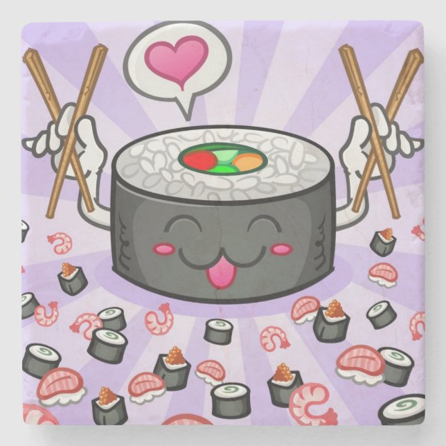 Sushi-Cartoon-Charakter, der Lose Garnele isst Steinuntersetzer (Vorderseite)