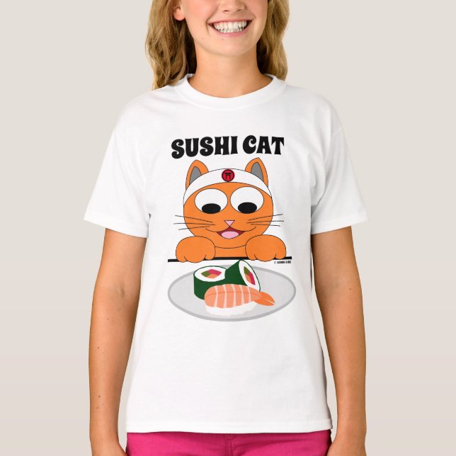 SUSHI CAT Cartoon Cat Eats Sushi Funny T-Shirt (Vorderseite)