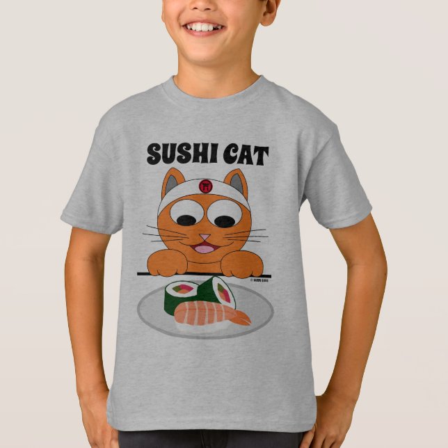 SUSHI CAT Cartoon Cat mit Sushi Funny T-Shirt (Vorderseite)