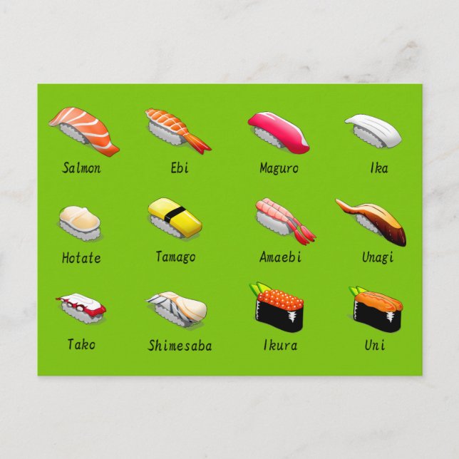Sushi-Chart-Typen niedlicher japanischer Sushi-Leb Postkarte (Vorderseite)