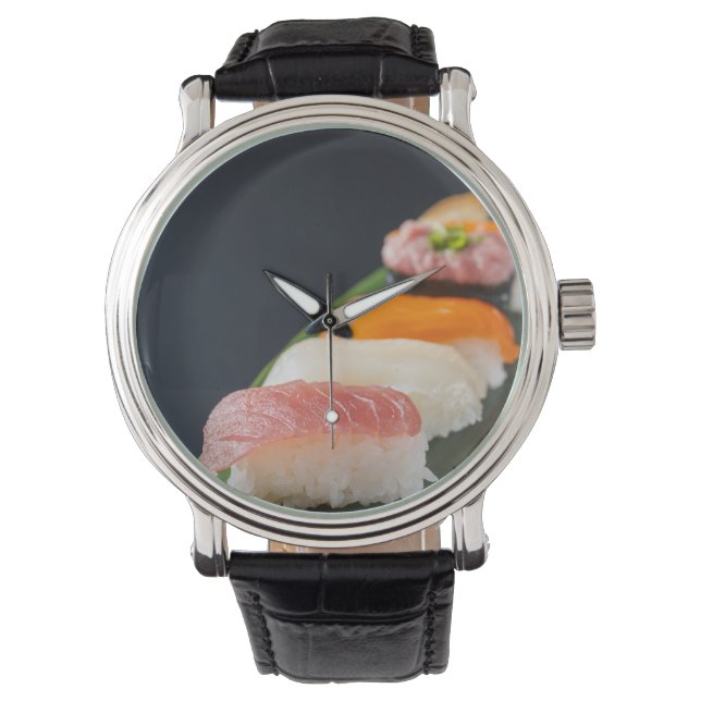 Sushi Elegance Watch – Classic Black & Leaf Armbanduhr (Vorderseite)