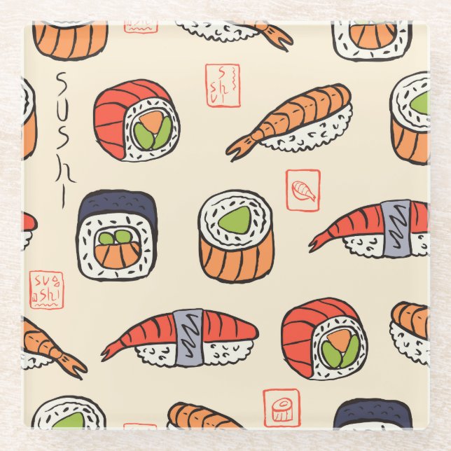 Sushi-Essen, nahtloses Muster-Design. Glasuntersetzer (Vorderseite)