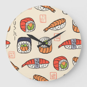 Sushi-Essen, nahtloses Muster-Design. Große Wanduhr