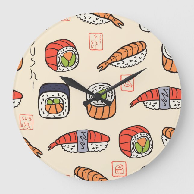 Sushi-Essen, nahtloses Muster-Design. Große Wanduhr (Vorderseite)