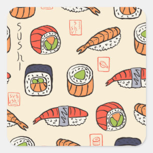 Sushi-Essen, nahtloses Muster-Design. Quadratischer Aufkleber