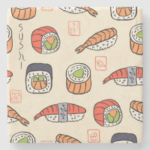 Sushi-Essen, nahtloses Muster-Design. Steinuntersetzer