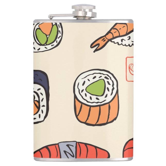 Sushi-Essen, nahtloses Musterdesign. Flachmann (Vorderseite)