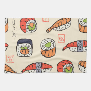 Sushi-Essen, nahtloses Musterdesign. Geschirrtuch