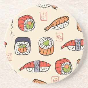 Sushi-Essen, nahtloses Musterdesign. Getränkeuntersetzer