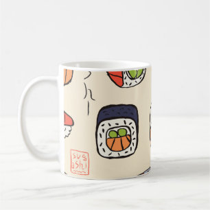 Sushi-Essen, nahtloses Musterdesign. Kaffeetasse