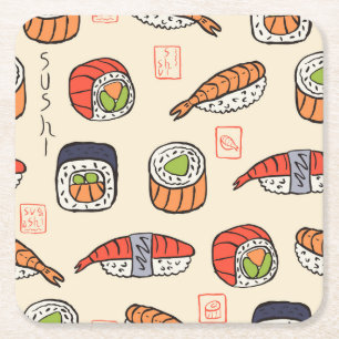 Sushi-Essen, nahtloses Musterdesign. Rechteckiger Pappuntersetzer