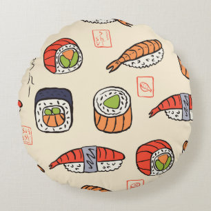 Sushi-Essen, nahtloses Musterdesign. Rundes Kissen