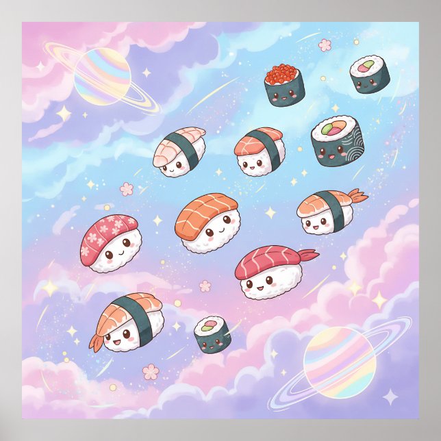 Sushi Flying in Pastel Galaxy Sky Poster (Vorne)