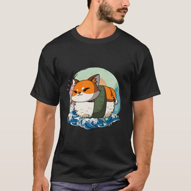 Sushi Fox Japanese Great Wave Kanagawa T-Shirt (Vorderseite)