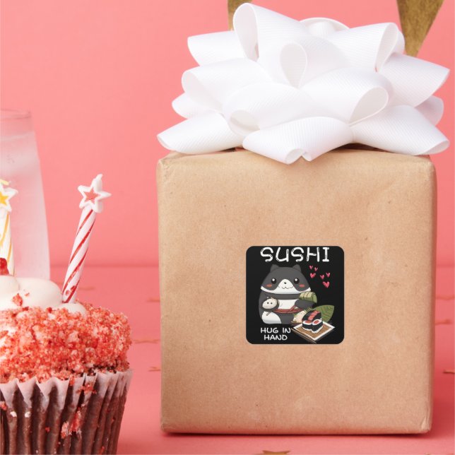 Sushi Hug in Hand Quadratischer Aufkleber (Party)