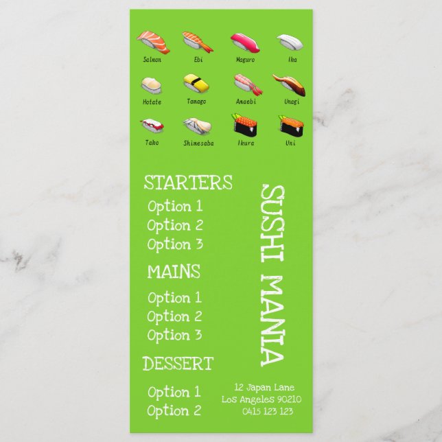 Sushi Japanisches Restaurant Wasabi Abendmenü Menükarte (Vorderseite)