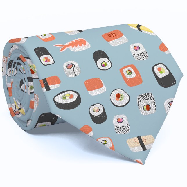 Sushi Krawatte (Japanese sushi sashimi maki roll design on a blue neck tie)
