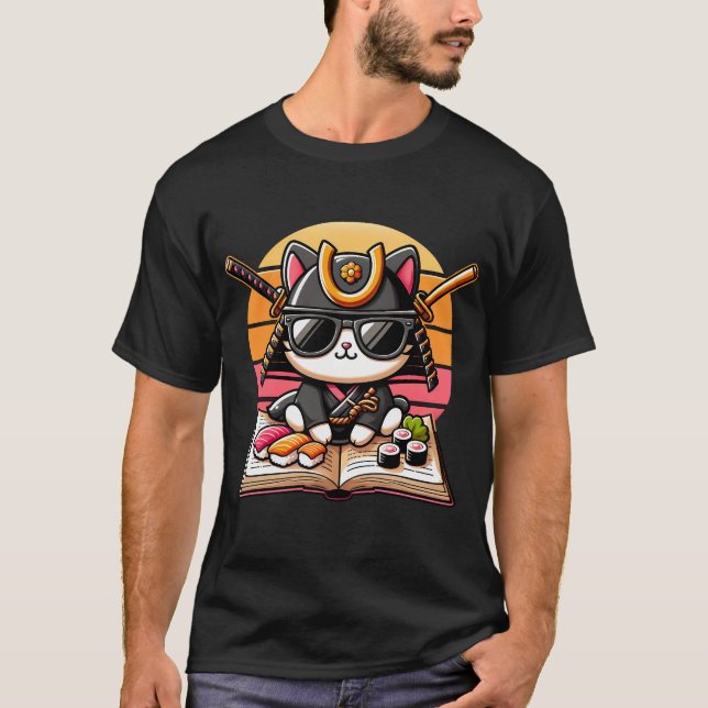Sushi Master Cat mit Shades und Book Lover Sunset T-Shirt (Vorderseite)