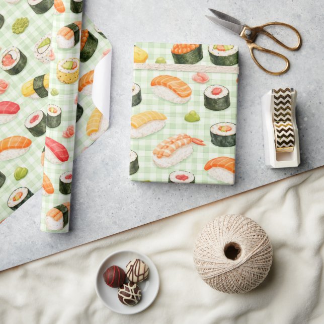 Sushi-Muster auf hellgrünem Raster Geschenkpapier (Kunsthandwerk)