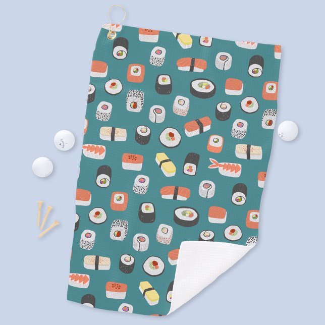 Sushi Nigiri Maki Roll Pattern Green Golfhandtuch (Japanese sushi food art fun golf towel)