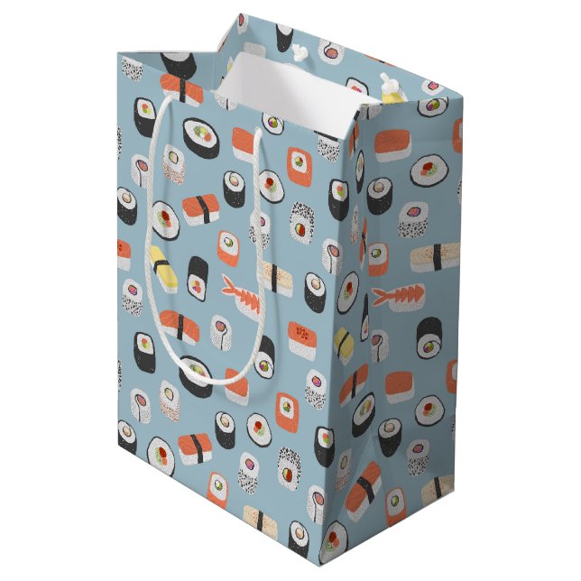 Sushi Nigiri Maki Roll Pattern Mittlere Geschenktüte (Rückseite Schrägansicht)
