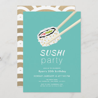 Sushi Party Einfach Türkis & Gold Geburtstag Einladung