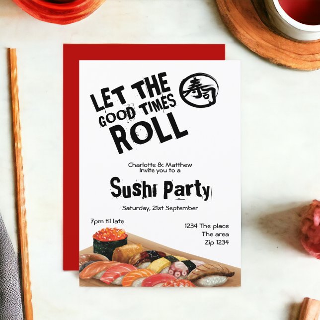 Sushi Party Japanisch Ließ die Rolle der guten Zei Einladung (Sushi Party Japanese Let The Good Times Roll Invitations from Ricaso. Dinner invites with sushi )