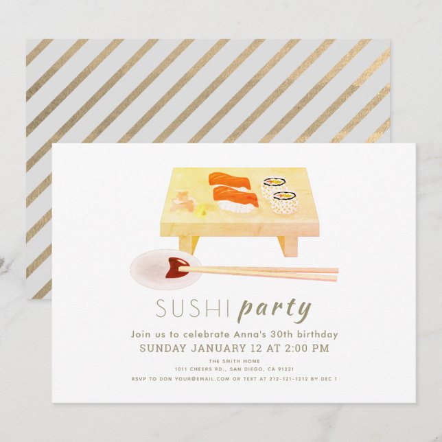 Sushi Party Modern White Birthday Einladung (Vorne/Hinten)